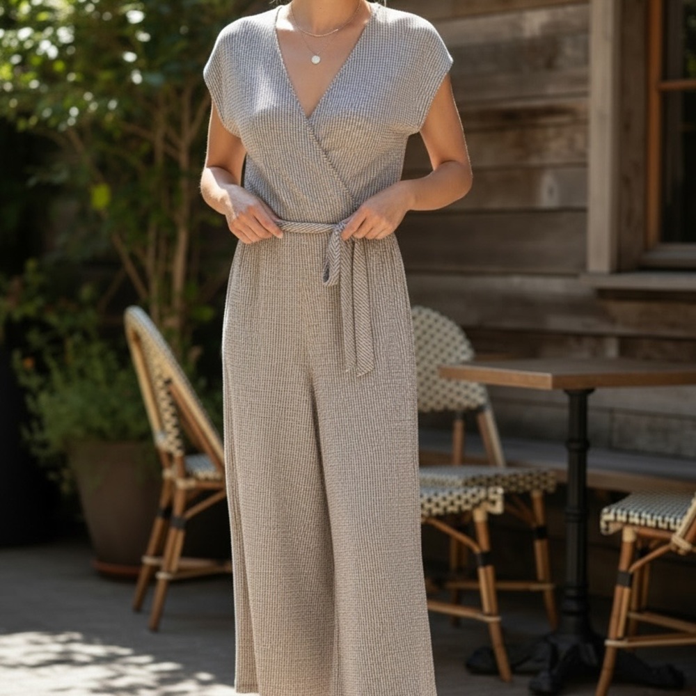 Caution To The Wind Beige Wrap Jumpsuit